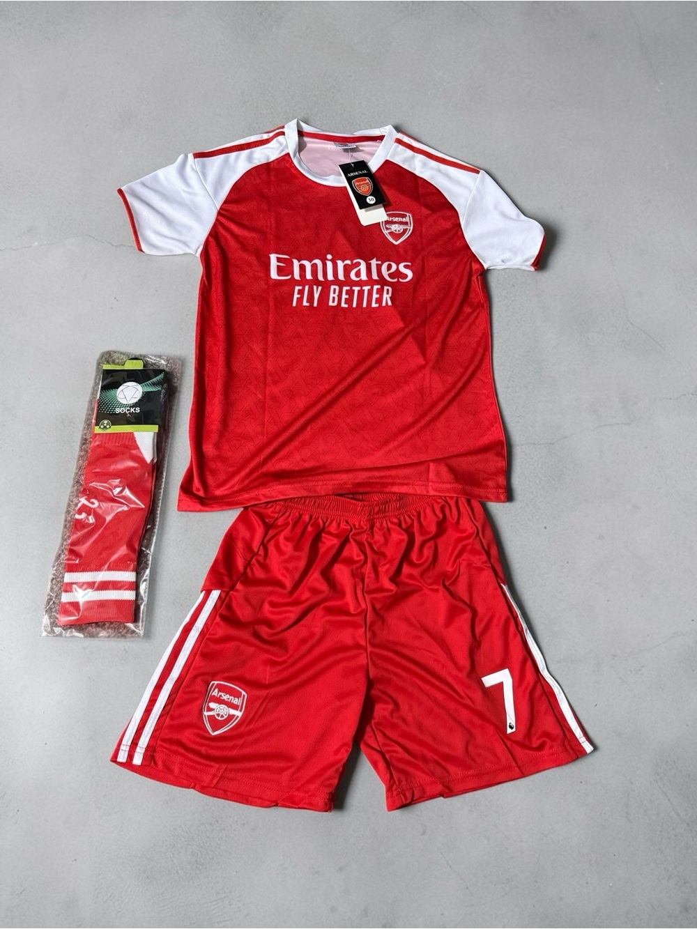 Kids Red & White Football Jersey and Shorts Set with Socks